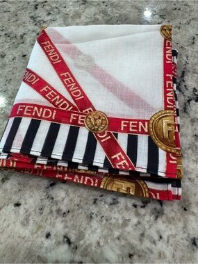 Vintage Fendi White Scarf with Red Ribbon, Black Stripe & Gold Medallions
